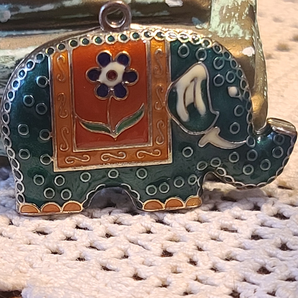 Vintage Cloisonne Enamel Elephant Pendant with Floral Design